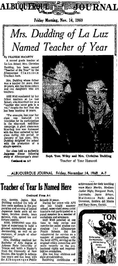 Teacher of the Year, Christine Dudding, The Albuquerque Journal Article,  Friday, November 14, 1969